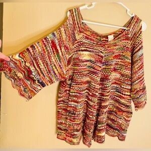 🌟HP🌟 CROCHETED RAINBOW MULTI COLOR Blouse Cold Shoulder Scallop Hem Hi-Low 16